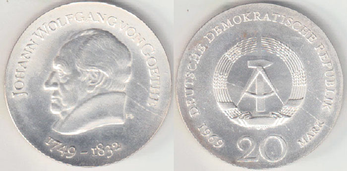 1969 East Germany silver 20 Mark (Goethe) Unc A005680